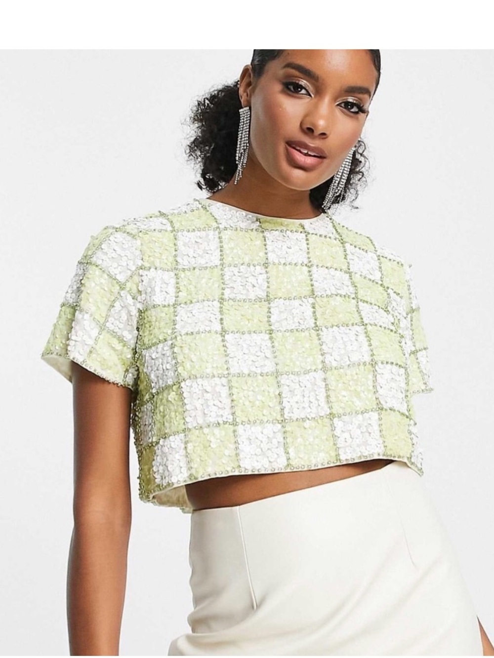 ASOS Green and White Check Sequin Crop Top New With Tags